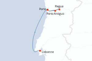 Carte de l'itinéraire de croisière Lisbonne-Porto d'une durée de 7 jours