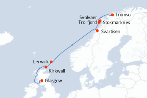 Carte de l'itinéraire de croisière Tromso-Glasgow d'une durée de 9 jours