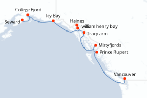 Carte de l'itinéraire de croisière Seward-Vancouver d'une durée de 12 jours