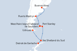 Carte de l'itinéraire de croisière Ushuaia-Buenos Aires d'une durée de 17 jours