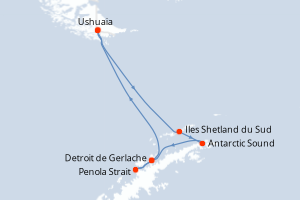 Carte de l'itinéraire de croisière Ushuaia-Ushuaia d'une durée de 15 jours