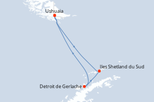 Carte de l'itinéraire de croisière Ushuaia-Ushuaia d'une durée de 11 jours