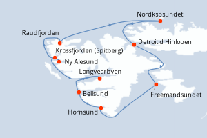 Carte de l'itinéraire de croisière Longyearbyen-Longyearbyen d'une durée de 10 jours