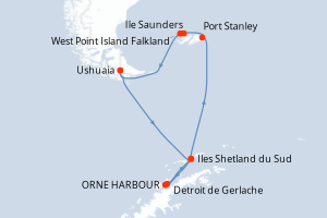 Carte de l'itinéraire de croisière Ushuaia-Ushuaia d'une durée de 15 jours