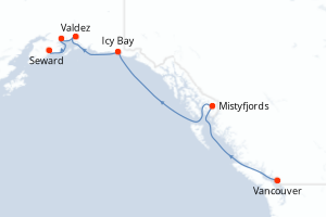 Carte de l'itinéraire de croisière Vancouver-Seward d'une durée de 10 jours
