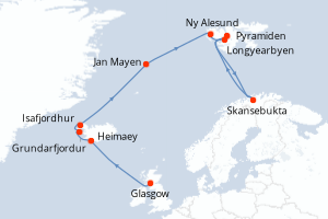 Carte de l'itinéraire de croisière Glasgow-Longyearbyen d'une durée de 12 jours