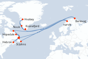 Carte de l'itinéraire de croisière Nuuk-St Johns d'une durée de 17 jours