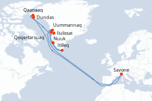 Carte de l'itinéraire de croisière Nuuk-Nuuk d'une durée de 16 jours