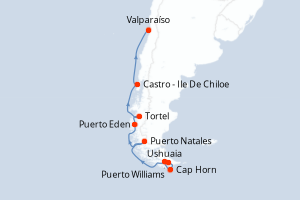 Carte de l'itinéraire de croisière Ushuaia-Valparaíso d'une durée de 14 jours
