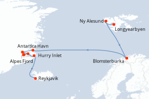 Carte de l'itinéraire de croisière Longyearbyen-Reykjavik d'une durée de 14 jours