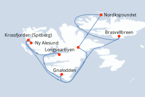 Carte de l'itinéraire de croisière Longyearbyen-Longyearbyen d'une durée de 13 jours
