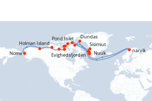Carte de l'itinéraire de croisière Nuuk-Nome d'une durée de 25 jours