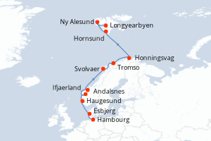Carte de l'itinéraire de croisière Hambourg-Longyearbyen d'une durée de 13 jours