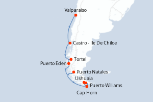Carte de l'itinéraire de croisière Valparaíso-Ushuaia d'une durée de 14 jours