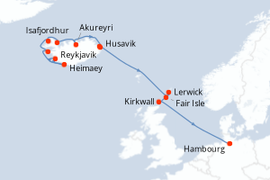 Carte de l'itinéraire de croisière Reykjavik-Hambourg d'une durée de 14 jours
