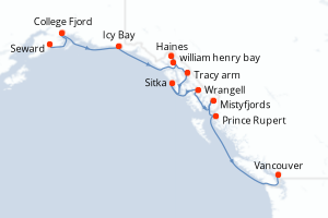 Carte de l'itinéraire de croisière Seward-Vancouver d'une durée de 13 jours