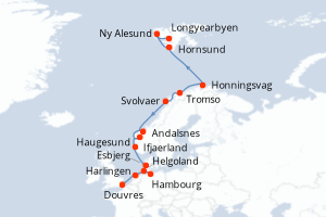Carte de l'itinéraire de croisière Douvres-Longyearbyen d'une durée de 16 jours