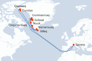 Carte de l'itinéraire de croisière Nuuk-Nuuk d'une durée de 20 jours