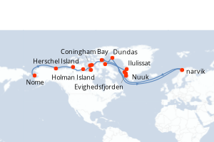 Carte de l'itinéraire de croisière Nome-Nuuk d'une durée de 25 jours