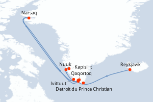 Carte de l'itinéraire de croisière Reykjavik-Nuuk d'une durée de 13 jours
