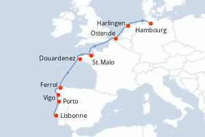 Carte de l'itinéraire de croisière Hambourg-Lisbonne d'une durée de 11 jours