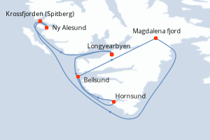 Carte de l'itinéraire de croisière Longyearbyen-Longyearbyen d'une durée de 8 jours