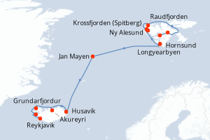 Carte de l'itinéraire de croisière Reykjavik-Longyearbyen d'une durée de 13 jours