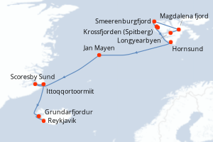 Carte de l'itinéraire de croisière Longyearbyen-Reykjavik d'une durée de 14 jours