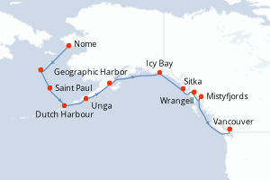 Carte de l'itinéraire de croisière Nome-Vancouver d'une durée de 17 jours