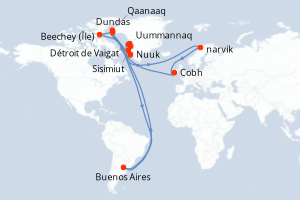 Carte de l'itinéraire de croisière Nuuk-Nuuk d'une durée de 20 jours