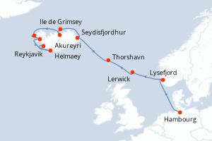 Carte de l'itinéraire de croisière Hambourg-Reykjavik d'une durée de 12 jours