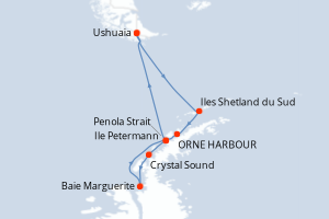 Carte de l'itinéraire de croisière Ushuaia-Ushuaia d'une durée de 17 jours