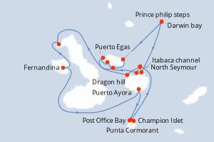 Carte de l'itinéraire de croisière North Seymour-North Seymour d'une durée de 8 jours