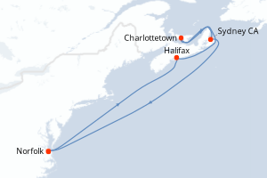 Carte de l'itinéraire de croisière Norfolk-Norfolk d'une durée de 8 jours