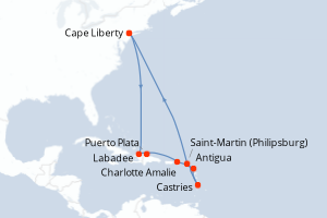carte itinéraire croisière Amérique du Nord 12 jours au départ du port de Cape Liberty