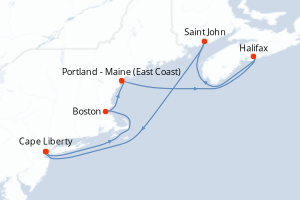 Carte de l'itinéraire de croisière Cape Liberty-Cape Liberty d'une durée de 9 jours