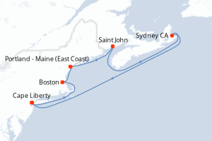 Carte de l'itinéraire de croisière Cape Liberty-Cape Liberty d'une durée de 9 jours