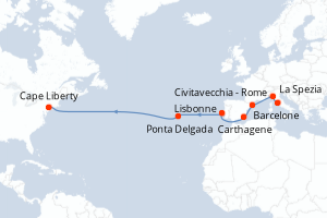 carte itinéraire croisière Transatlantique 14 jours au départ du port de Civitavecchia - Rome