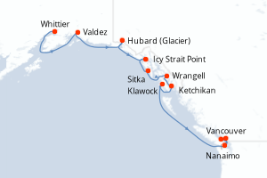 Carte de l'itinéraire de croisière Whittier-Vancouver d'une durée de 11 jours