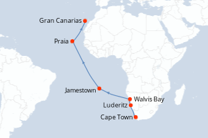 Carte de l'itinéraire de croisière Cape Town-Gran Canarias d'une durée de 17 jours