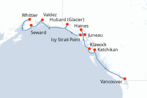 Carte de l'itinéraire de croisière Vancouver-Whittier d'une durée de 10 jours