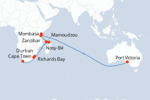 Carte de l'itinéraire de croisière Port Victoria-Cape Town d'une durée de 17 jours