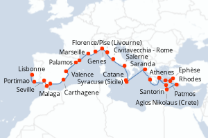 carte itinéraire croisière Atlantique 30 jours au départ du port de Le Piree - Athenes