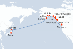 carte itinéraire croisière Alaska 23 jours au départ du port de Tokyo