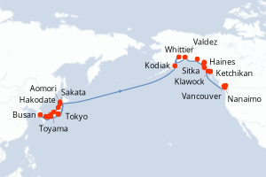 carte itinéraire croisière Alaska 38 jours au départ du port de Tokyo