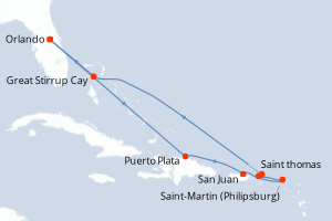 Carte de l'itinéraire de croisière Orlando-Orlando d'une durée de 9 jours