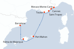 Carte de l'itinéraire de croisière Monaco Monte-Carlo-Barcelone d'une durée de 7 jours