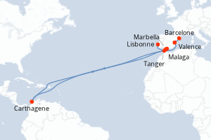 Carte de l'itinéraire de croisière Barcelone-Lisbonne d'une durée de 7 jours