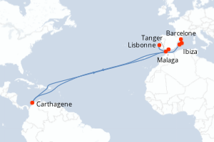 carte itinéraire croisière Atlantique 7 jours au départ du port de Barcelone