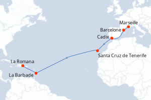 carte itinéraire croisière Transatlantique 14 jours au départ du port de Marseille